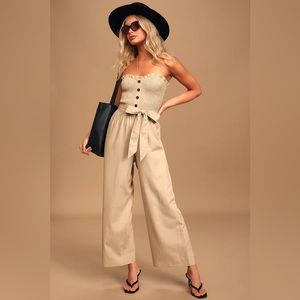 Taupe Smocked Button-Front Wide-Leg Jumpsuit With Removable Straps